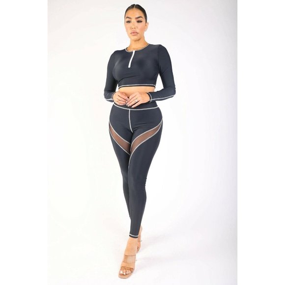 Mesh Contrast Long Sleeve Crop Top with Pants Leggings Outfit 2 Piece Set - Picture 4 of 7